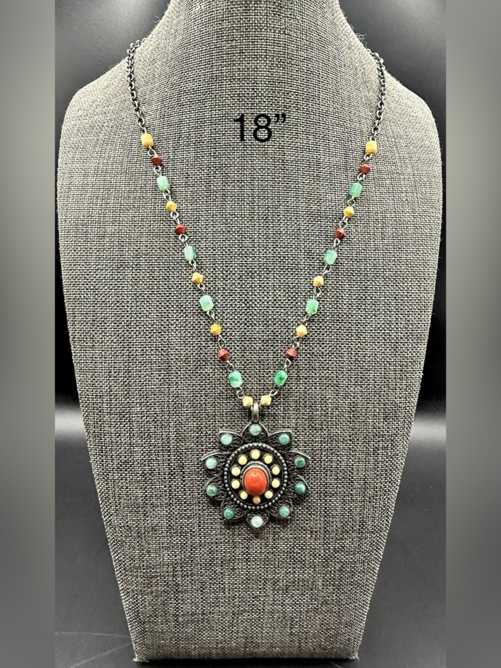 Southwestern Silver Tone Coral & Turquoise Color Beaded Mandala Pendant Necklace